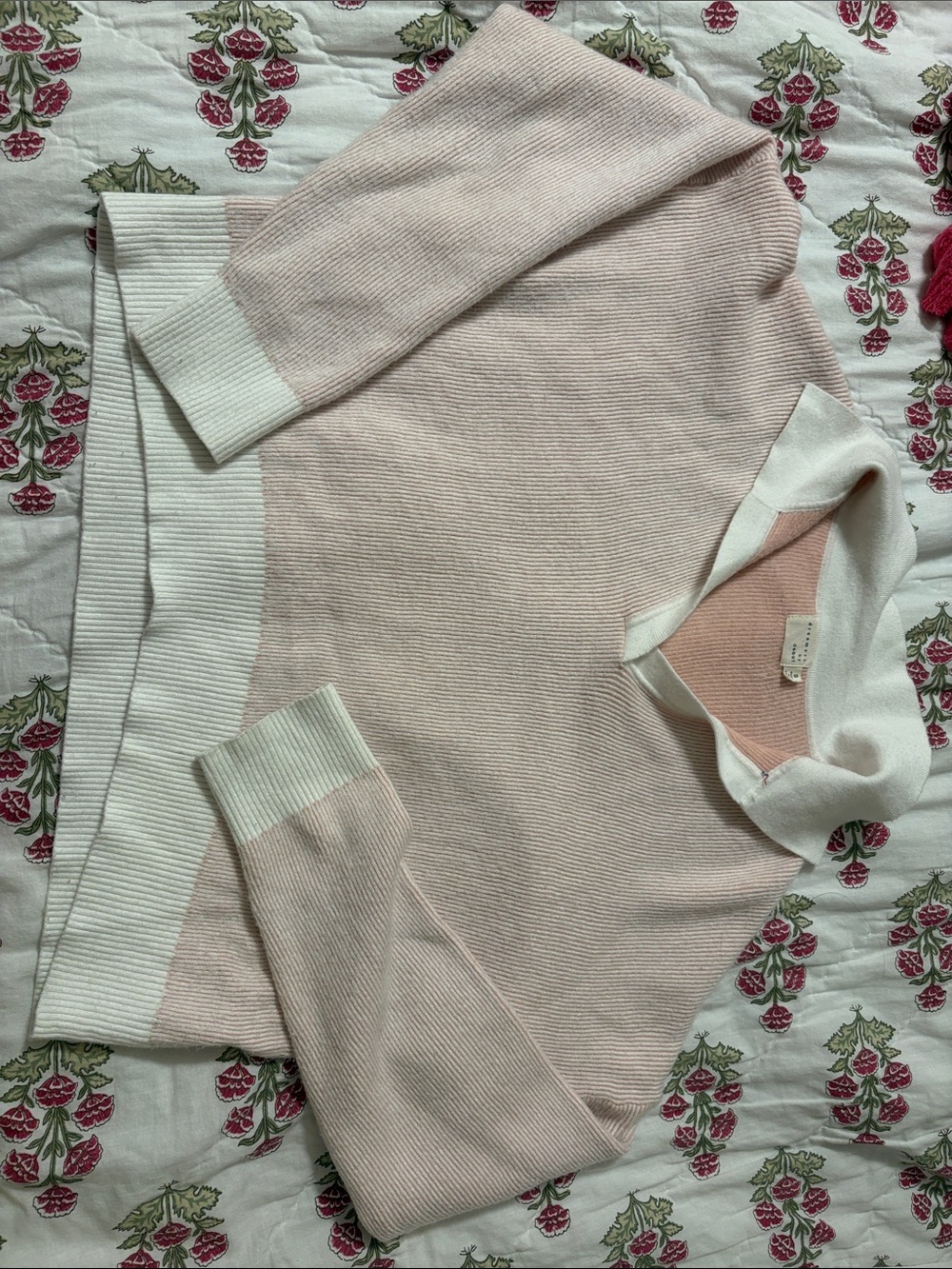 Light Pink and White Cozy V-Neck Women's Sweater